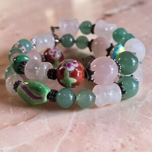 Sterling Silver Filigree Cloisonne Bracelet Rose Quartz Beaded Wrap Artisian